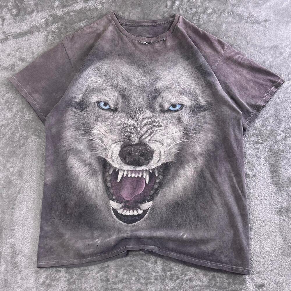 3D Tees By The Mountain Snarling Wolf TShirt Mens L Gray TieDye Y2K Mike Sanford
